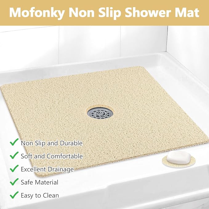 Shower Mat Non Slip: 21 x 21 Inch Square Shower Mats with Drain Hole in Middle - Soft Loofah Quick Drying Matt for Shower Stall