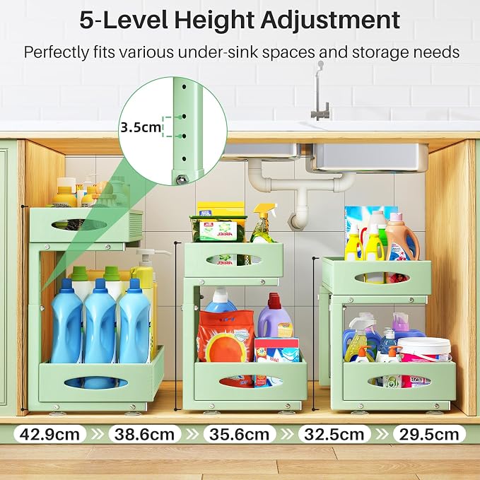 Under Sink Organizer, 2 Tier Pull out Cabinet Organizer Baskets with Mesh Sliding Drawers, Slide out Storage Shelf for Home, Kitchen, Bathroom, Pantry, Office Cabinet(1 Pack, Green)