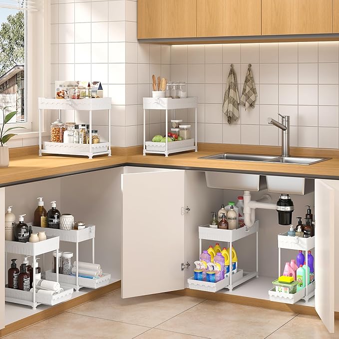 Sevenblue 3 Pack Under Sink Organizers, 2-Tier Multi-Use Kitchen and Bathroom Organizers and Storage with Sliding Drawers, Bathroom Cabinet Organizer (White, 14.8 Inch)