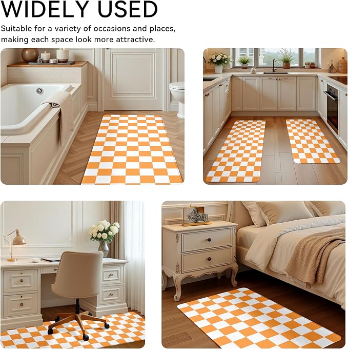 White Orange Checkered Grid Checkerboard Kitchen Rug Sets [2 PCs], Anti-Fatigue, Waterproof Non-Slip Kitchen Mats Heavy Duty Comfort Foam Rug for Kitchen, Floor, Laundry,17"x29"+17"x47"