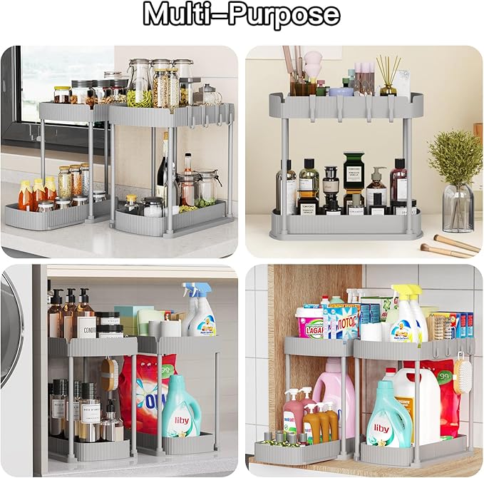 Ukeetap 2 Pack Multi-Purpose Pull-Out Storage Organizers, Under Sink Organizers and Storage for Bathroom & Kitchen, Under Cabinet Organizers and storage, 14.8 Inch, Grey