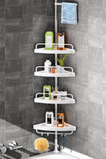 HAMITOR Corner Shower Caddy Tension Pole: Adjustable Stainless Steel Shower Organizer with 4 Tier Shelf for Bathroom Bathtub Tub Shampoo - Floor Standing Rack Bath Storage Holder with Rust Proof Rods