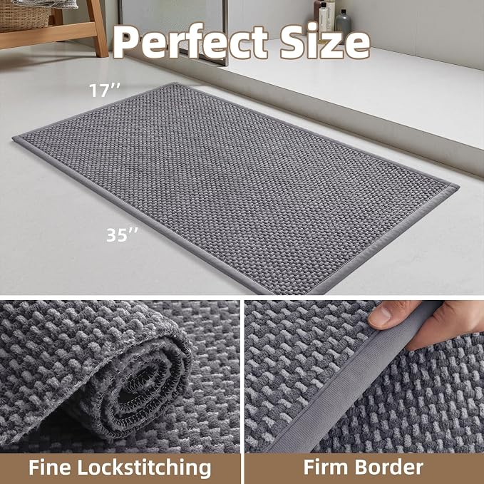 PADOOR-Bath Mat-Super Absorbent Chenille Bathroom Mats-Rubber Backed Bath Mats for Bathroom Non Slip, Easy Clean Bathroom Rugs Front of Bathtub,Shower Room,Sink-17×35, Grey&Darkgrey