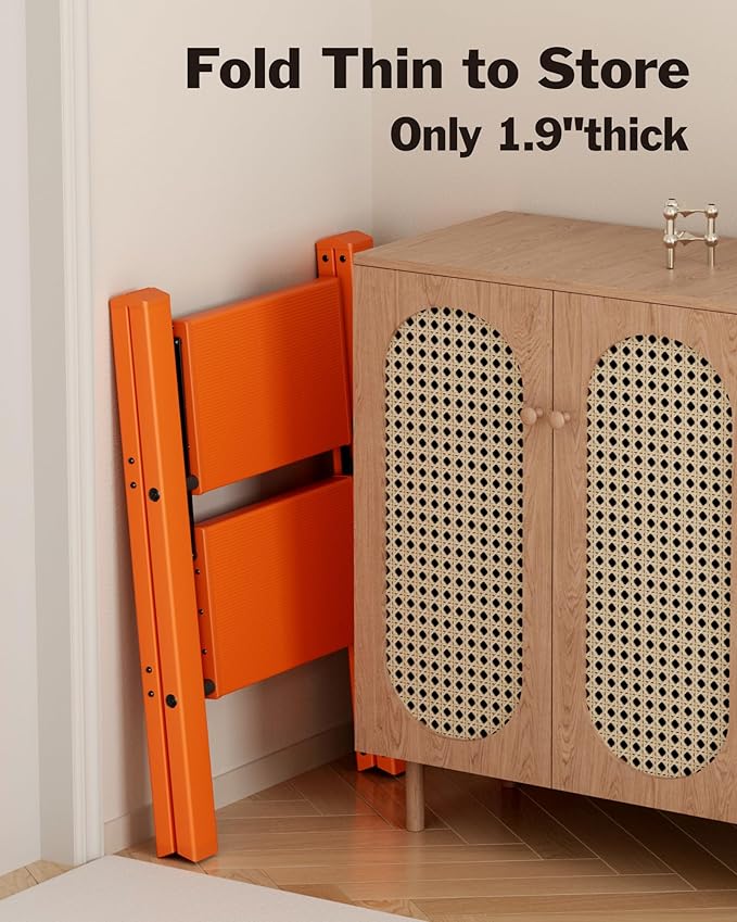 2 Step Ladder, Aluminum Lightweight Folding 2 Step Stool with Anti-Slip Wide Pedal,330lbs Capacity Steel Ladder for Household and Office(Hermes Orange)