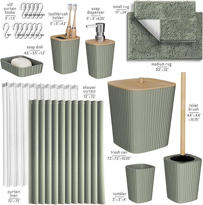 Clara Clark Bathroom Accessories Set - Bathroom Set, Bathroom Sets with Shower Curtain and Rugs, Shower Curtain Set with Trah Can - Sage Green - 22PC