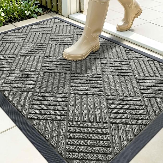 OLANLY Front Door Mat Outside Entrance 35x23, Absorbent, Heavy Duty Sturdy Natural Rubber Doormat Indoor Outdoor, Stain Fade Resistant, Non-Slip Low Profile Floor Mat for Entryway, Modern Gray Diamond