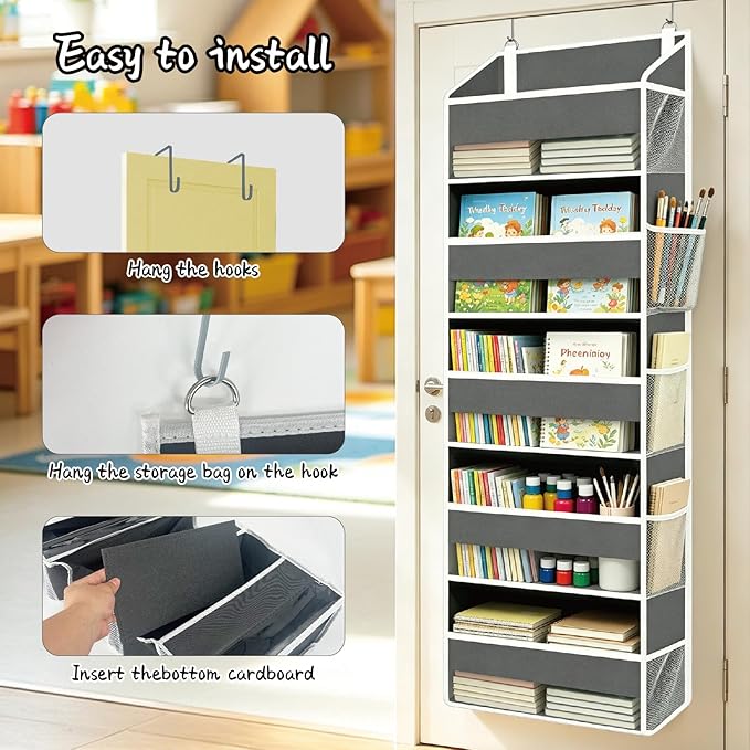 Over The Door Storage Organizer – 15 Pockets (5 Large + 10 Mesh Side Pockets), Heavy Duty 44lbs Capacity Closet Storage for Bedroom & Dorm, Behind The Door Hanging Rack for Shoes, Toys.