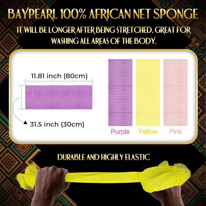 UJFQBH 3 Pieces African Bath Sponge African Net Long Net Bath Sponge Exfoliating Shower Body Scrubber Back Scrubber Skin Smoother,Great for Daily Use (Pink,Yellow,Purple)