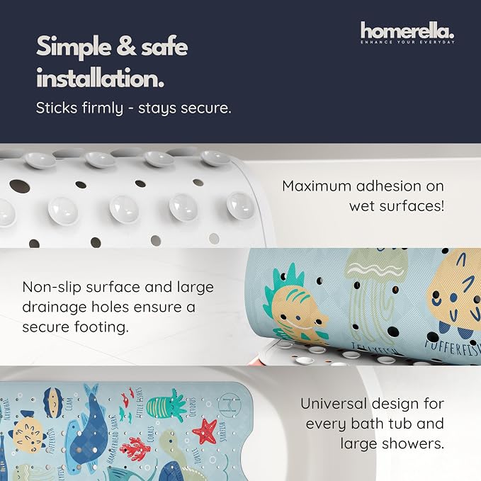 Bath Tub Mat Non Slip Anti Mold for Kids BPA Free INCL Hooks - homerella® Ocean Sea Animals 40x16, Baby Bath Mat Non Slip 200 Suction Cups, Non Toxic Machine Washable Toddler Bath Mat, EU Certified