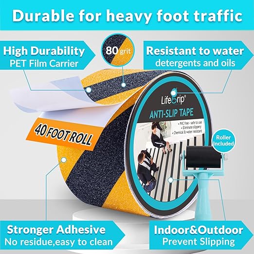 LifeGrip Anti Slip Traction Tape, 4 Inch x 40 Foot, Best Grip, Friction, Abrasive Adhesive for Stairs, Tread Step, Indoor, Outdoor, Caution Yellow/Black(4" X 40' Tape)