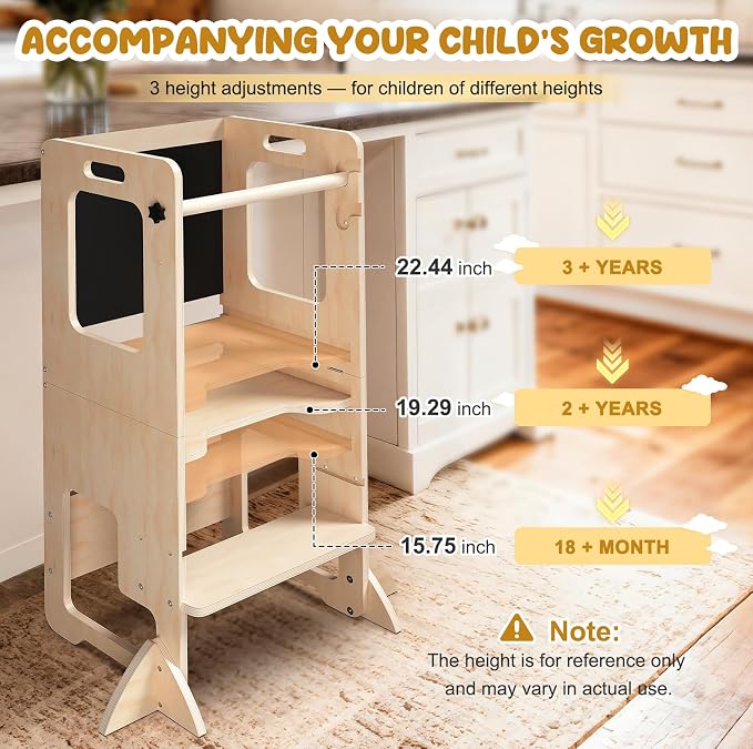 Toddler Kitchen Step Stool, Adjustable Height Learning Standing Tower with Blackboard, Wooden Kitchen Stool Helper for Kids, 1-3 Year Old Boy Girl Gifts