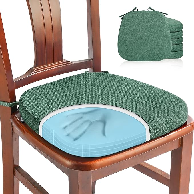 SINOSSO 6 Pack Memory Foam Chair Cushions for Dining Chairs, Friendly Woven Fabric 16" U-Shape Comfortable Kitchen Chair Pads, Removable Slip Resistant Seat Cushions (Set of 6, Green)