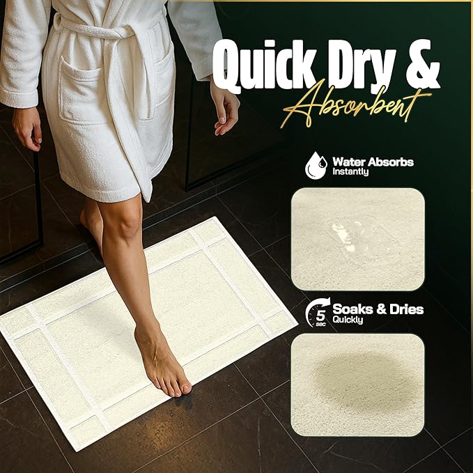 Pearl Linens Pack of 2 100% Cotton Bath Mat 18x25 inches, Soft & Absorbent Quick Dry Bathroom Mats Set, Not Bathroom Rugs, After Shower Mats, Bath Tub Mat, 781 GSM, Machine Washable, Ivory