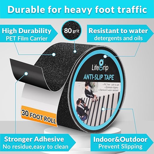 Lifegrip Anti Slip Traction Tape, 4 Inch x 30 Foot - Best Grip, Friction, Abrasive Adhesive for Stairs, Tread Step, Indoor, Outdoor (4" X 30')