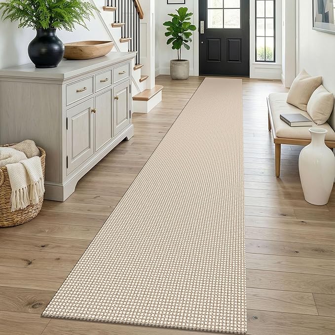 KOZYFLY Braided 2x16 Runners Rugs for Hallway, Extra Long Washable Runner Rug, Woven Non Slip Kitchen Runner, Cotton Entryway Rug, Floor Carpet for Entry, Aisle, Hall, Ivory/Camel/Brown