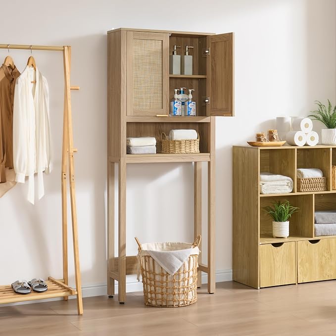 SICOTAS Over The Toilet Storage Cabinet with Rattan Door, Freestanding Bathroom Organizer with Adjustable Shelf, Space Saver Cabinet for Bathroom, Laundry Room, Restroom