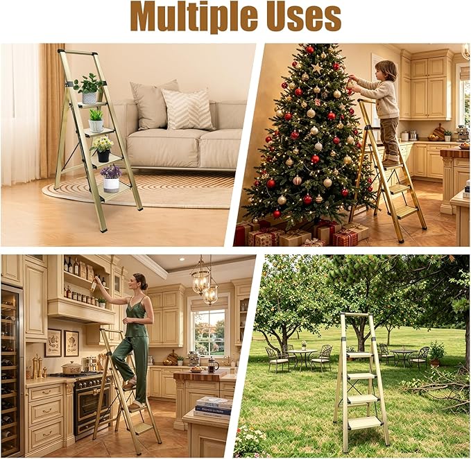 Aluminium 4 Step Ladder Folding Stool-330lb Capacity Ladders with Anti-Slip Wide Pedal Portable Kids/Adults, Lightweight Ladder, Portable Multi-use Scene for Home/Kitchen/Office/Garden/Yard