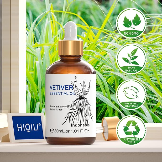 HIQILI 1 Fl Oz Vetiver Essential Oil, 100% Pure Natural for Skin, Candle Making - 30ml