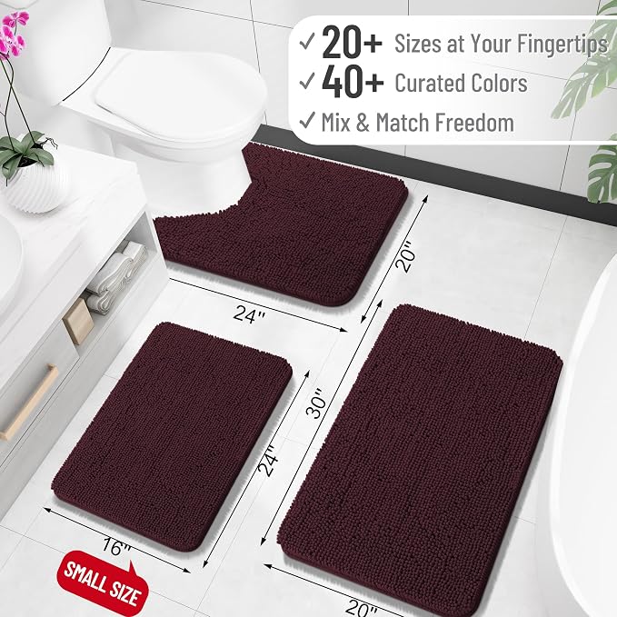 OLANLY Toilet Rugs U-Shaped 20x20, Extra Soft Absorbent Chenille Contour Bathroom Rugs for Toilet, Dry Quickly, Machine Washable, Non-Slip Bath Mat, Black Cherry