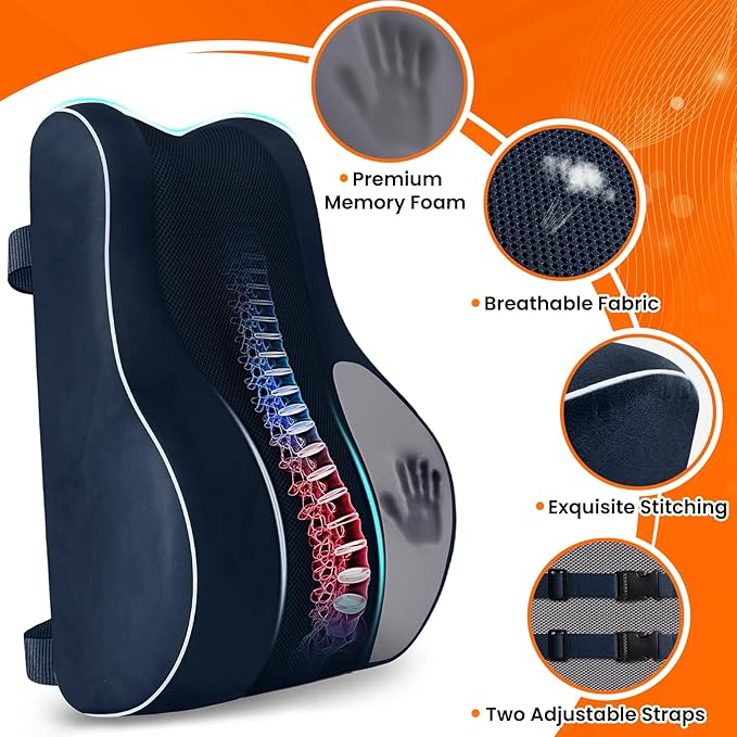 CloudBliss Ergonomic Lumbar Support Pillow – Memory Foam for Lower Back Pain Relief, Adjustable Straps & Mesh Cover for Office, Gaming, Car & Home Essentials (Blue)