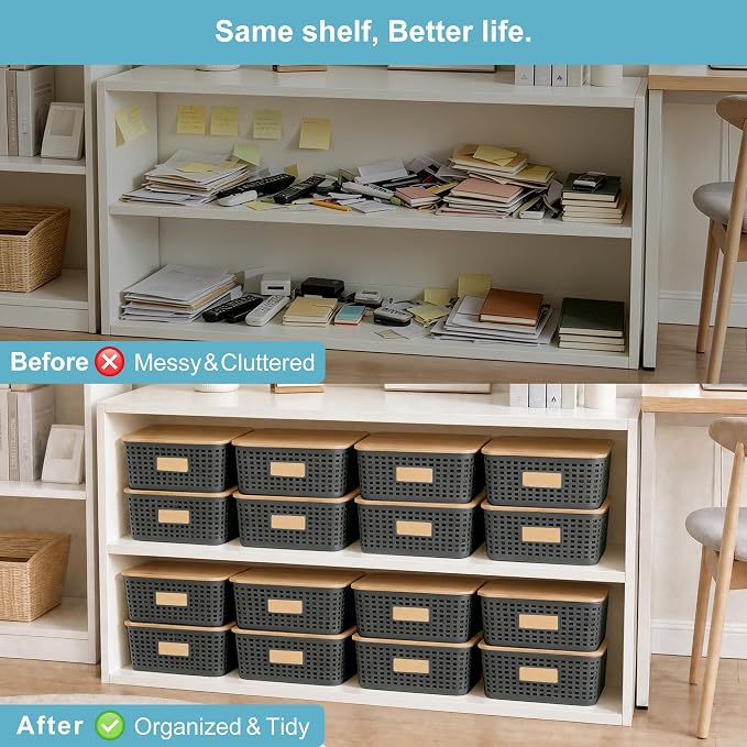 Bagnizer 4 Pack Plastic Storage Bins with Bamboo Lids, 6.2qt Stackable Storage Organizer Box with Lable for Pantry Shelves Drawers Desktop Office, 12"L x 8.3"W x 3.5"H, Gray