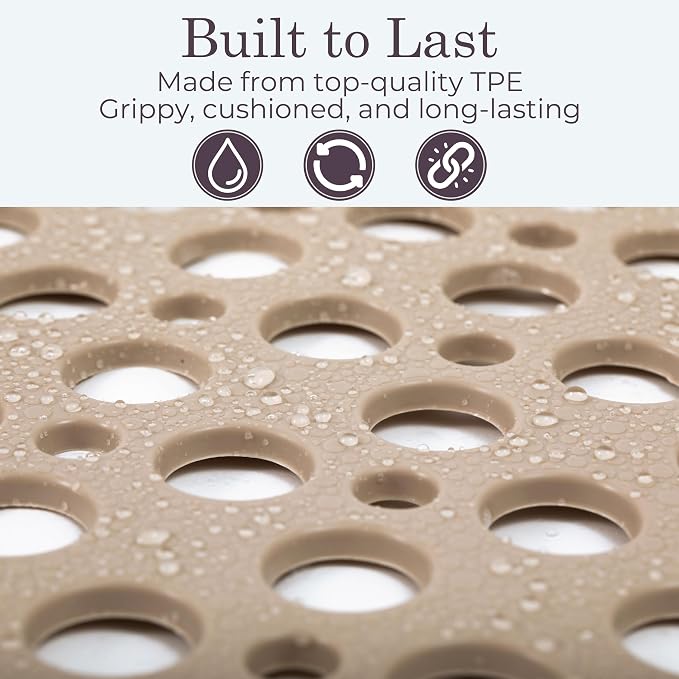 Beige Non Slip Shower Mat and Bathtub Mat TPE Strong Suction Cups Aesthetic Bath Mat for Inside Shower with Soft Texture, Quick-Dry Drain Holes, Spa-Inspired Design 30x17” (75x43 cm)