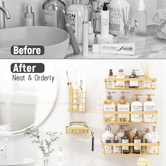 Liuoud 10 Pack Shower Caddy Organizer Rack Shelf for Inside Shower, Self Adhesive Wall Storage Basket Rustproof Stainless Steel Shampoo Holder Bathroom Accessory Decor Set, Bright Gold
