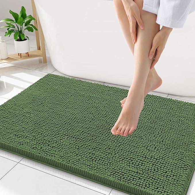 Smiry Luxury Chenille Bathroom Rugs 34x21, Extra Soft and Absorbent Shaggy Bath Mat, Machine Washable, Non-Slip Plush Carpet Runner for Tub, Shower, and Floor, Home Decor Accessories, Olive Green