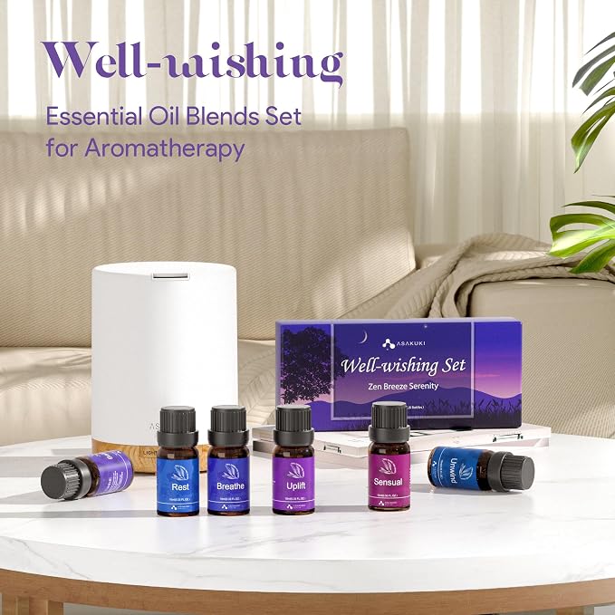 ASAKUKI Essential Oils for Diffuser –6 Mood Essential Oil Blends (Breathe, Uplift, Sensual, Balance, Unwind, Rest) for Morning to Night Rituals, Home & Daily Use- Gifts for Mom
