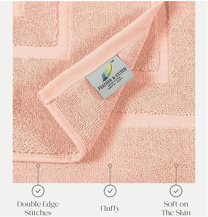 Feather & Stitch 2 Piece Towel Like Bath Mats (30x21 Inch) 100% Cotton Terry Bath Mats, Bathroom Shower Floor Mats [NOT A Bathroom Rug], Soft Absorbent Washable Mats - Pale Peach