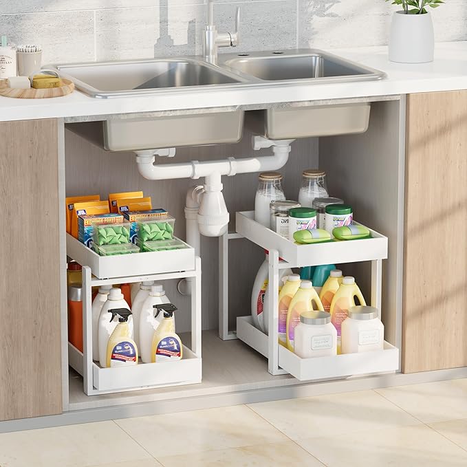APRTAT 2 Pack Under Sink Organizer, Bamboo Wooden 2-Tier Pull-Out Storage with Sliding Drawers for Kitchen and Bathroom Cabinets, Easy Installation (White, 2 Packs)