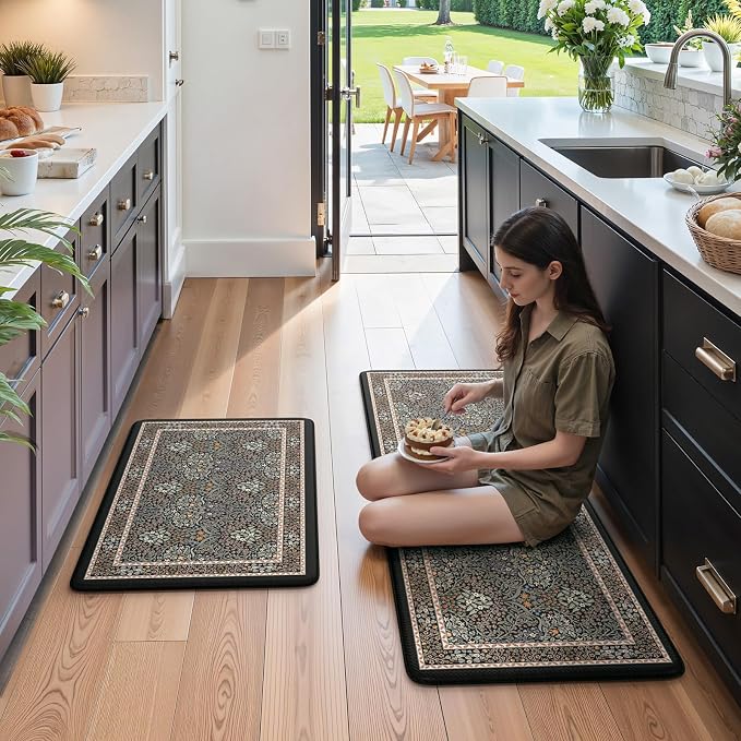 Collive Kitchen Mats Cushioned Anti Fatigue, Waterproof Kitchen Floor Mat Non Slip Desk Rugs Comfort Standing Rug for Sink, Office, Laundry, Home Decor, Black/Mulit