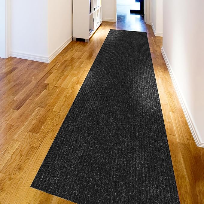 Ottomanson 2' x 45' Hallway Runner with Scraper Pile Extra Durable Non-Slip Rug Mat for Indoor & Outdoor Use - Ideal for Kitchen, Entryway, Patio & Garage - High-Traffic Carpet, Black
