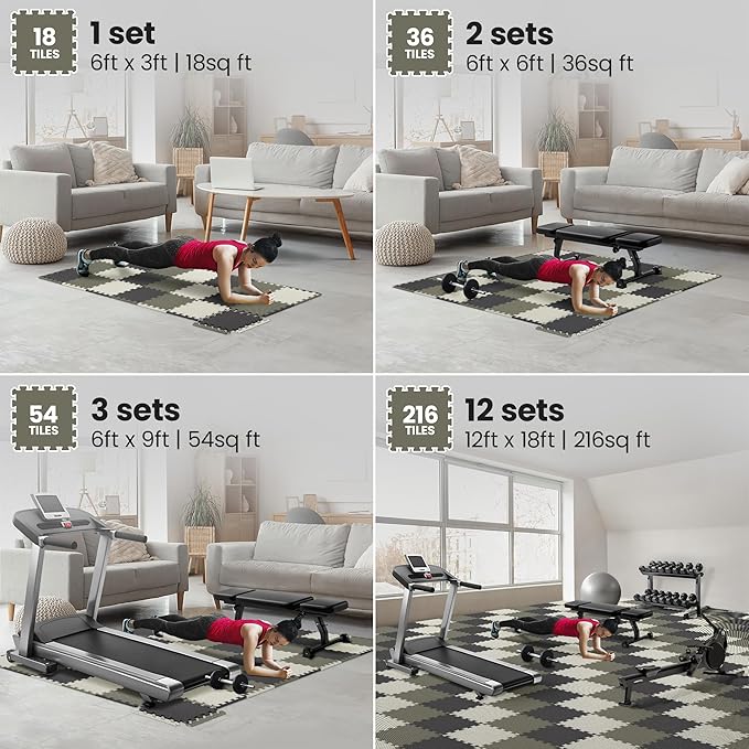 bemaxx Gym Mats Set - 18 pcs EVA Interlocking Foam Floor Tiles (12.6"x12.6"x0.4") 18sqft Protective Gym Flooring Sports Home Workout Exercise Mats Puzzle Garage Fitness Play-Room Pool Treadmill Bike