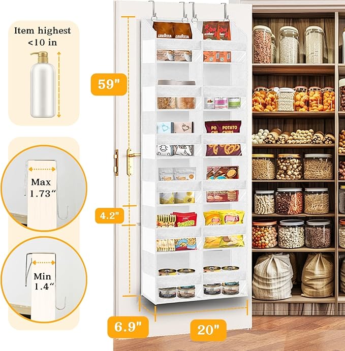 Over The Door Organizer 6 Tiers, Extra Large Behind Door Storage of 12 Compartments, 80 lbs Weight Capacity Hanging Storage Organizer with Clear Window Kids Toys, Shoes,Diapers, Room Storage, White