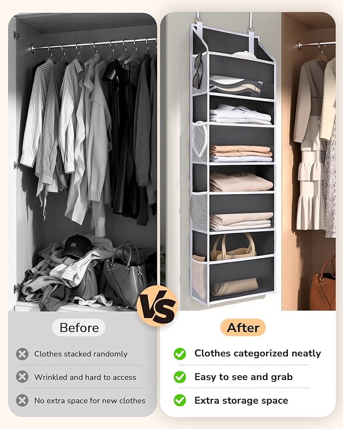 ULG 1 Pack Small Over Door Organizer with 4 Large Pockets 8 Mesh Side Pockets, Hanging Storage Organizer with Clear Window Kids Toys Deep Gray