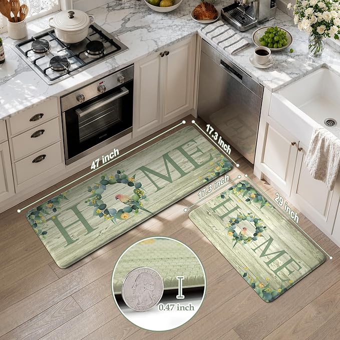 KIMODE Anti Fatigue Kitchen Mats for Floor 2 Piece,Farmhouse Spring Rugs Non Slip,Cushioned Memory Foam Carpet for Sink Laundry Office Bathroom,Green 17"x47"+17"x29"