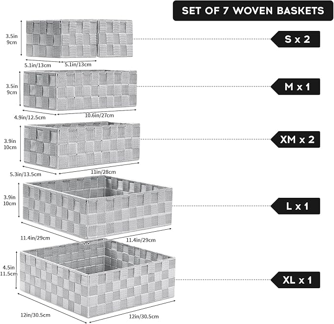 Posprica Small Baskets for Organizing(7 Set) Woven Storage for Shelves, Bathroom, Decorative Closet Organizer, Dresser Bins, Shelf