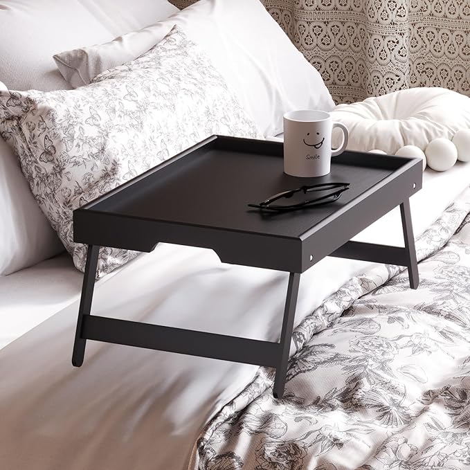 Fibogollo 4 Pack Bamboo Bed Tray Table with Folding Legs,Breakfast Trays,Serving Tray,Laptop Trays for Working,Food Snack Tray for Bed and Sofa(Black)