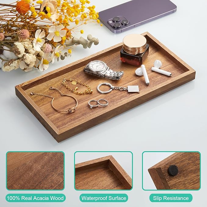 ALELION 11.7" Bathroom Vanity Tray for Counter - Acacia Wood Decorative Tray for Toilet Tank Makeup Perfume Jewelry Catchall Coffee Table - Wooden Kitchen Countertop Organizer for Soap Dispenser