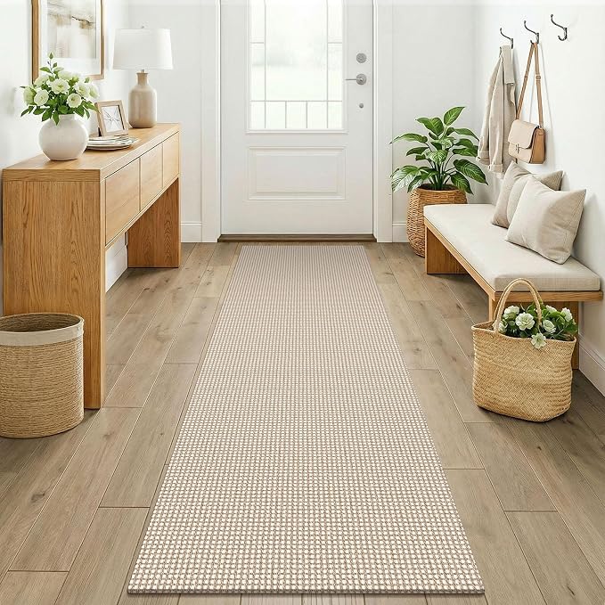 KOZYFLY Runners for Hallways 2x7 ft Washable Kitchen Runner Non Slip Rubber Backed Hall Runners Cotton Entryway Runner Rugs for Indoor Backdoor Bedroom Kitchen, Ivory/Camel/Brown