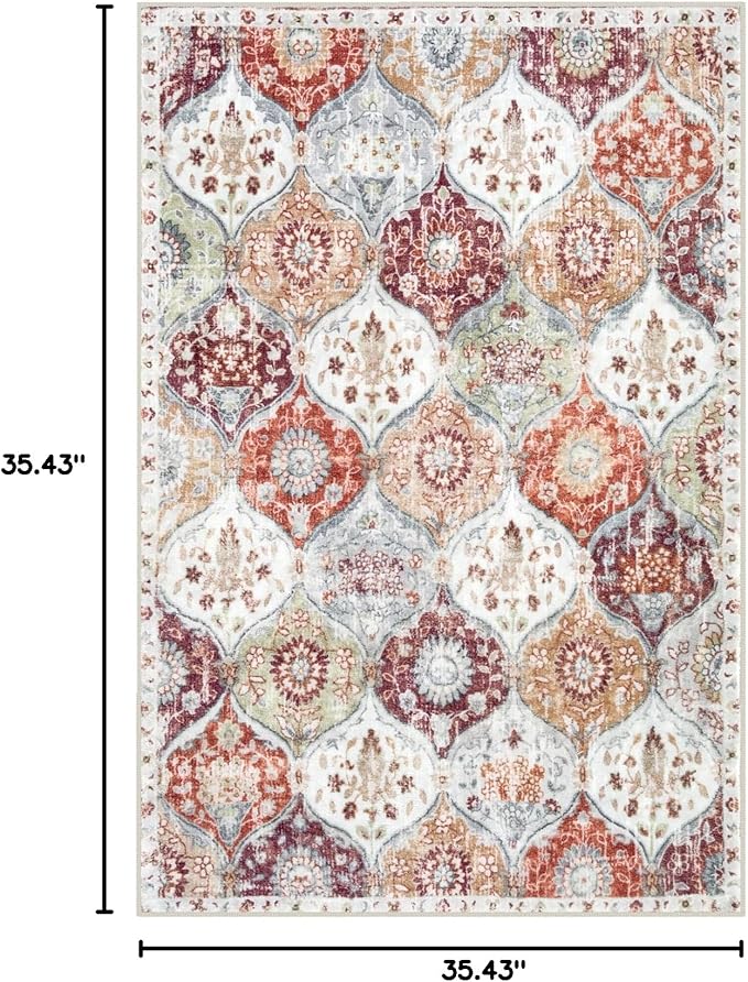 Lahome Moroccan Machine Washable Rugs for Living Room, 4x6 Rug for Bedroom Non-Slip Vintage Trellis Ultra-Thin Throw Carpet for Dining Room Office Nursery Elise, Orange/Terracotta