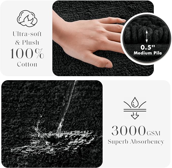 Madison Park Splendor Reversible 100% Cotton Tufted Bathroom Rug-3000 GSM Hotel Quality Luxurious Plush Medium Pile Bath Mat Absorbent, Quick Dry, Shower Room Décor, 24x44 Black