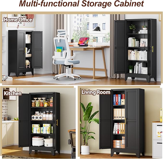 61" Black Metal Garage Storage Cabinet with 2 Doors and 3 Adjustable Shelves,Kitchen Pantry Cabinet,File Cabinet,Steel Tool Cabinet for Home,Office,Garage,School,Warehouse