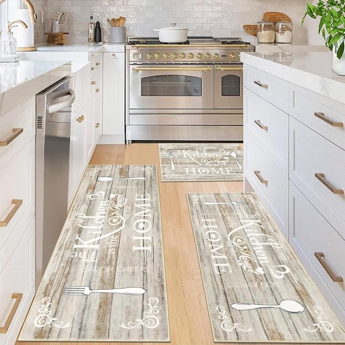 Vaukki Boho Kitchen Rug Sets 3 Pieces, Washable Kitchen Mats for Floor, Non Slip Soft Kitchen Area Rug Floor Mat for Kitchen, Laundry Room and Hallway (Light Brown, 20''x32''+20''x47''+20''x59'')