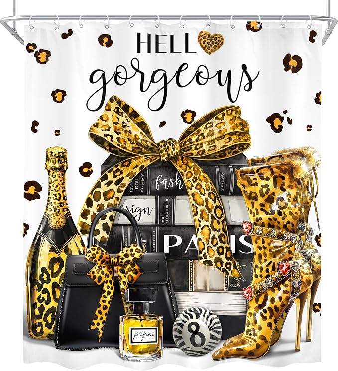 4Pcs Gold Black Leopard Shower Curtain Set, Luxury Cheetah Bathroom Curtain with Rug, Toilet Lid Cover, Bath Mat, Fashion Magazine Books Perfume High Heels Girly Shower Curtain with 12 Hooks