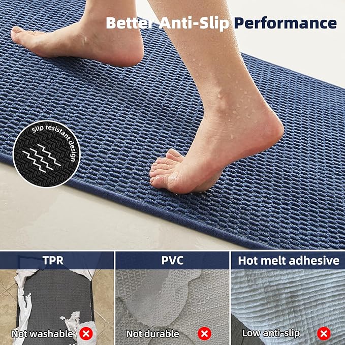 TYUU Bathroom Rugs Non Slip Washable, Super Absorbent Thin Bath Mat Small Quick Dry Low Pile Bathroom Rug, Navy Blue 20"x30"