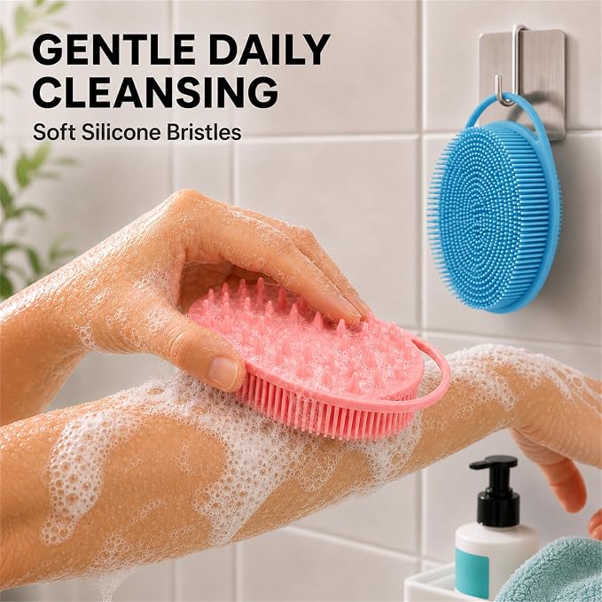 2 Pack Silicone Body Scrubber, Loofah Double-Sided Body Brush,Shower Scrubber and Scalp Massager Shampoo Brush for Sensitive Kids Women Men All Kinds of Skin (Pink & Blue)