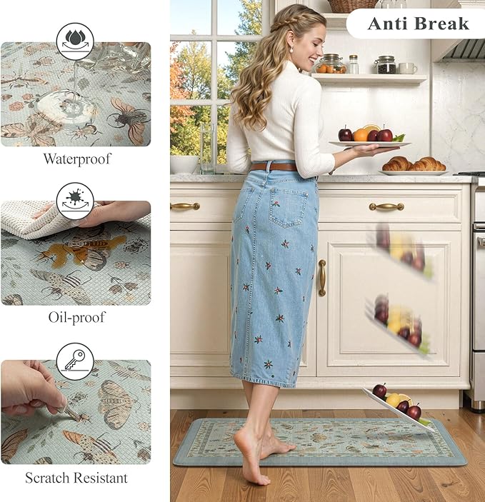 LEEVAN Anti Fatigue Mats for Kitchen Floor Non-Slip, Cushioned Kitchen Mats for Floor 2 Piece, Blue Memory Foam Kitchen Mat Set, Waterproof Ergonomic Standing Mat for Bar, Office,Desk, Laundry