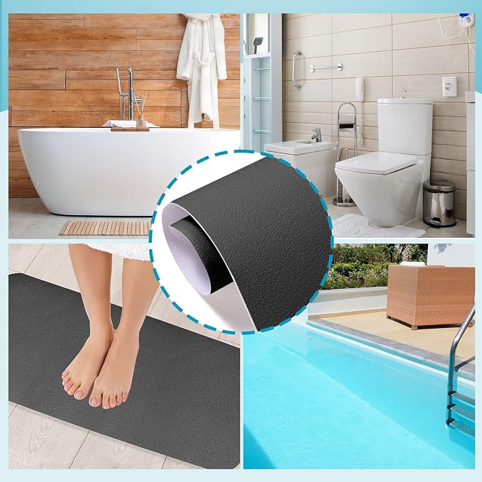 Dunzoom 16" x 40" Non Slip Bathtub Mat with Drain Cut Out Non Skid Safety Bath Mat Adhesive Peel and Stick Bath Tub Mat Arc Angle PEVA Tub Anti Slip Stickers for Shower Floor Wet Areas(Dark Gray)